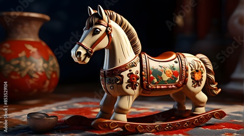 Vintage Wooden Rocking Horse on Patterned Rug: Nostalgic Toy Concept photo