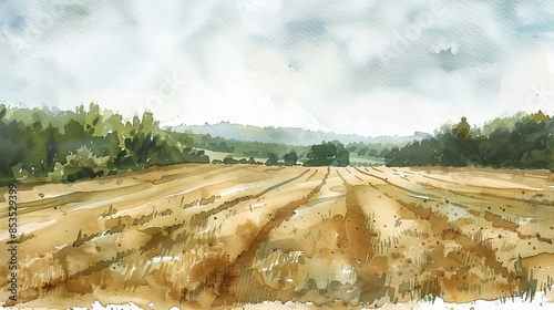 Wide-angle watercolor of a monoculture field, devoid of greenery, reduced biodiversity, desolate and muted landscape