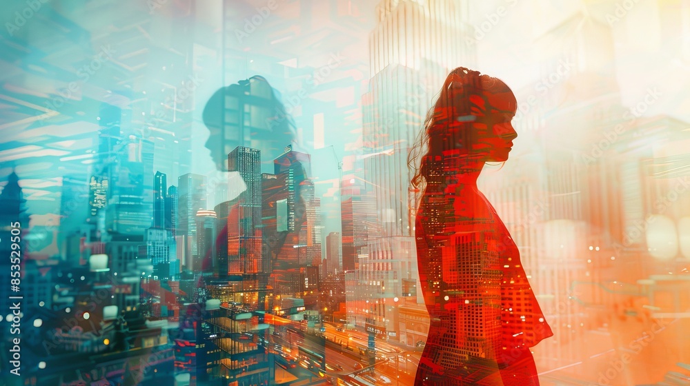 Fototapeta premium Woman in a red dress admiring the cityscape, vibrant and colorful city with unique architecture, double exposure effect, artistic and surreal