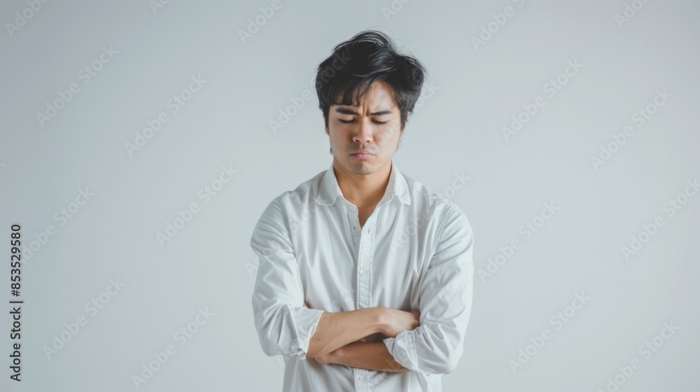 sad office, asian man sulking and frowning disappointed, standing upset and distressed against white background sad office, asian man sulking and frowning disappointed, standing upset and distressed against white background