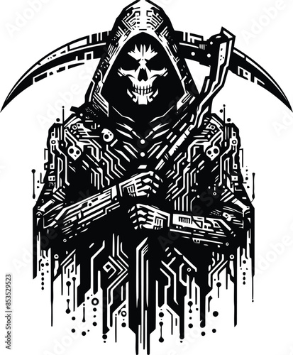 grim reaper silhouete with cyberpunk pattern illustration