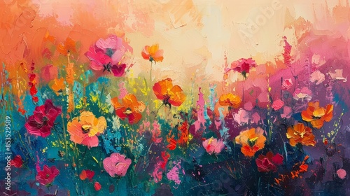 Abstract landscape filled with vibrant flowers, summer essence, bold colors, energetic brushwork, lively and warm ambiance © Alpha