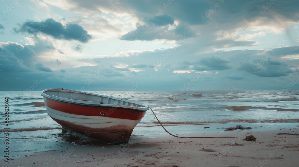 Small fishing boat resting on the shore at sunset after the storm Small fishing boat resting on the shore at sunset after the storm