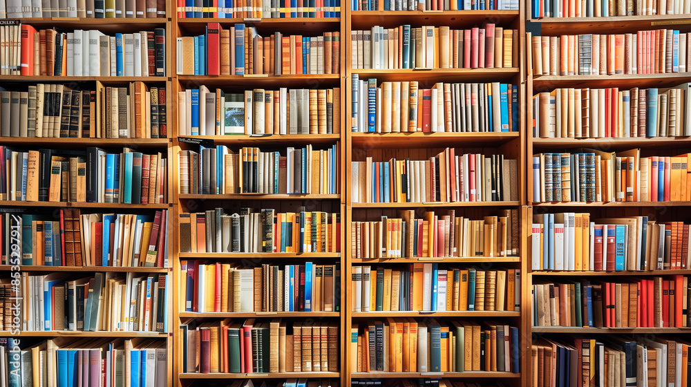 Large wooden bookshelves filled with books forming a background Large wooden bookshelves filled with books forming a background