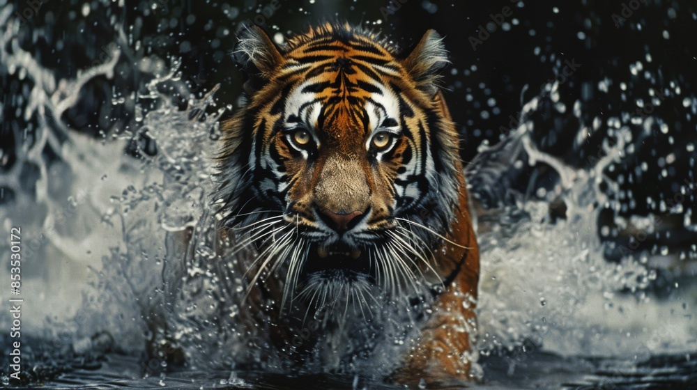 Siberian tiger, Panthera tigris altaica, low angle photo direct face view, running in the water directly at camera with water Siberian tiger, Panthera tigris altaica, low angle photo direct face view, running in the water directly at camera with water