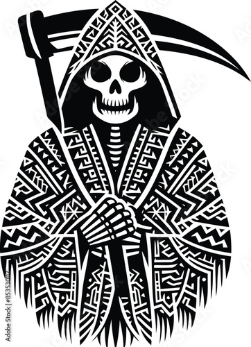  grim reaper silhouete with Polynesian ethnic pattern illustration