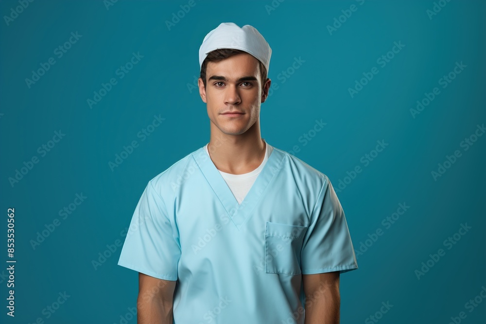 A man in a blue scrubs shirt A man in a blue scrubs shirt