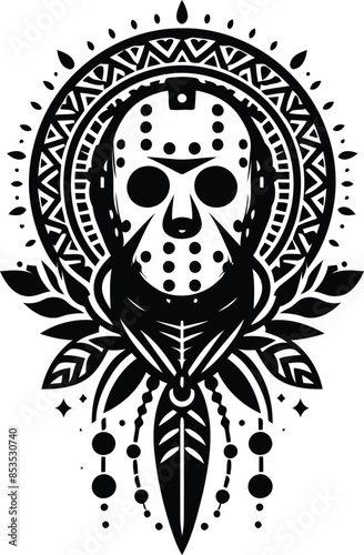 hockey mask killer in silhouete with bohemian nature pattern illustration