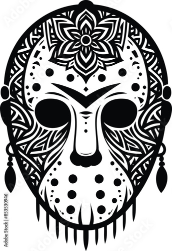 hockey mask killer in silhouete with bohemian nature pattern illustration