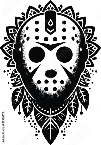 hockey mask killer in silhouete with bohemian nature pattern illustration