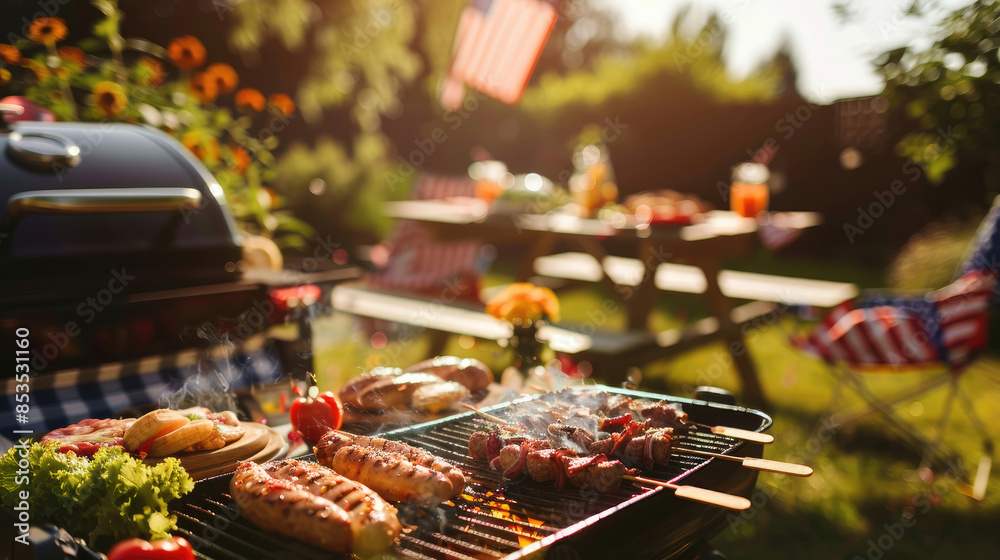 Outdoor Fourth of July Party. BBQ, Patriotic Decor, and Blurred American Flag Outdoor Fourth of July Party. BBQ, Patriotic Decor, and Blurred American Flag