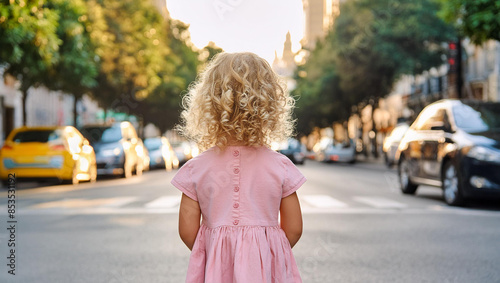 Firefly back view of a curly blonde little girl standing wearing a pink dress looking at the busy street