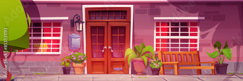 Suburban house exterior facade with wooden door and porch, brick wall and window with red curtains, decorative flowers in pot and bench, lantern and mailbox. Cartoon vector of home with veranda.