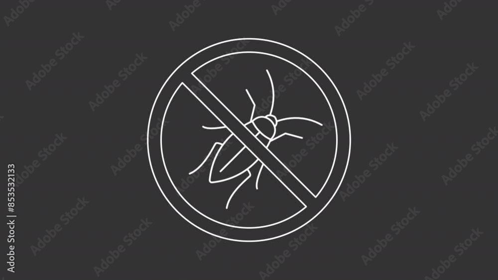 Animated bug block white icon. Pest control line animation. Moving insect. House parasite prohibition. Isolated illustration on dark background. Transition alpha video. Motion graphic Animated bug block white icon. Pest control line animation. Moving insect. House parasite prohibition. Isolated illustration on dark background. Transition alpha video. Motion graphic