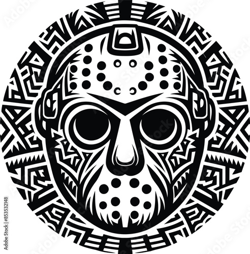  hockey mask killer silhouete with Polynesian ethnic pattern illustration