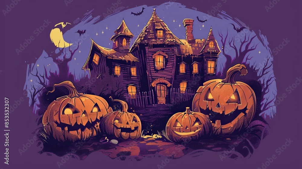 Fototapeta premium Graphic t-shirt design style halloween haunted house. Pumpkin heads. Purple background