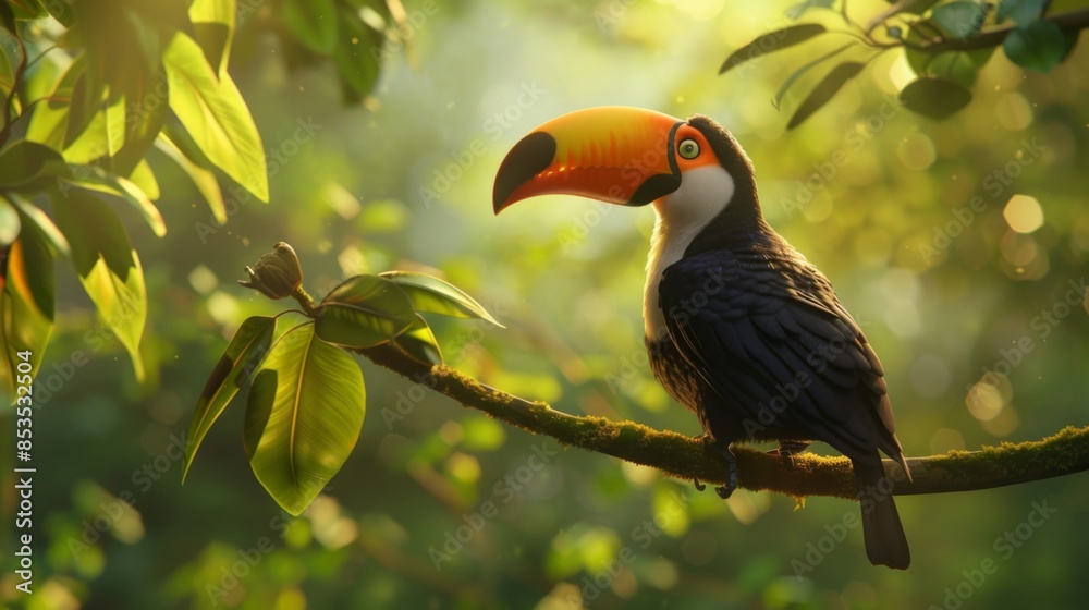 Obraz premium toucan tropical bird sitting on a tree branch in natural wildlife environment in rainforest jungle
