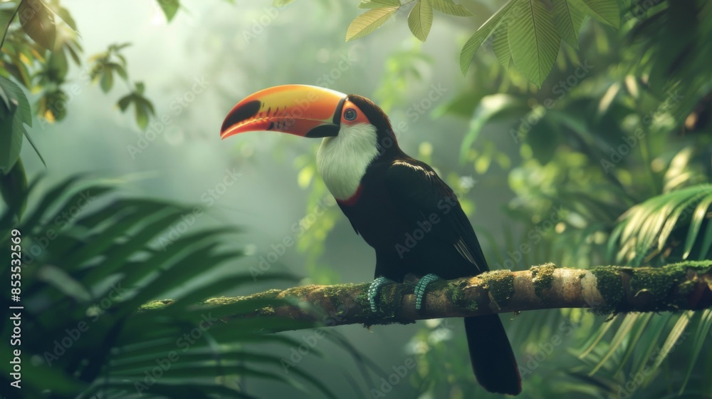 Obraz premium toucan tropical bird sitting on a tree branch in natural wildlife environment in rainforest jungle