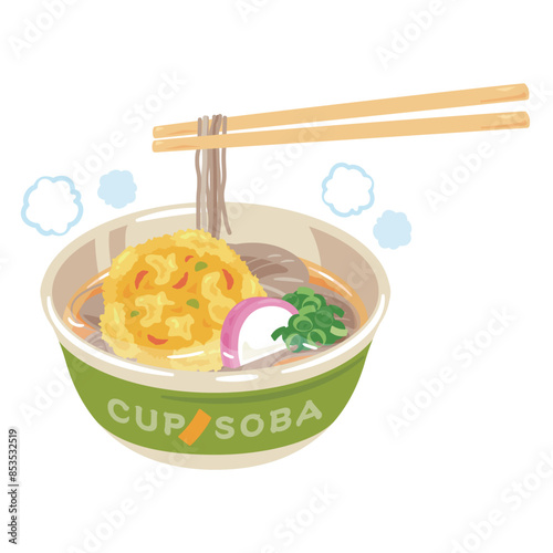 麺を持ち上げられたカップ蕎麦