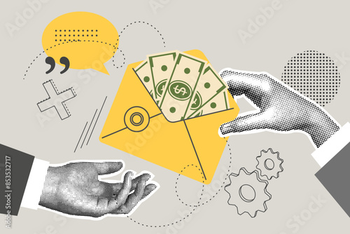Trendy halftone collage of business concept. Payment concept, receiving money. Trendy modern retro illustration. Vector illustration of business, contract approval, finance, marketing materials.