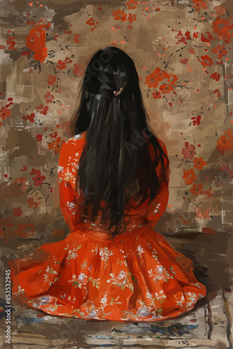 Vivid Portrait: A Girl in a Flowered Dress Amidst a Floral Backdrop