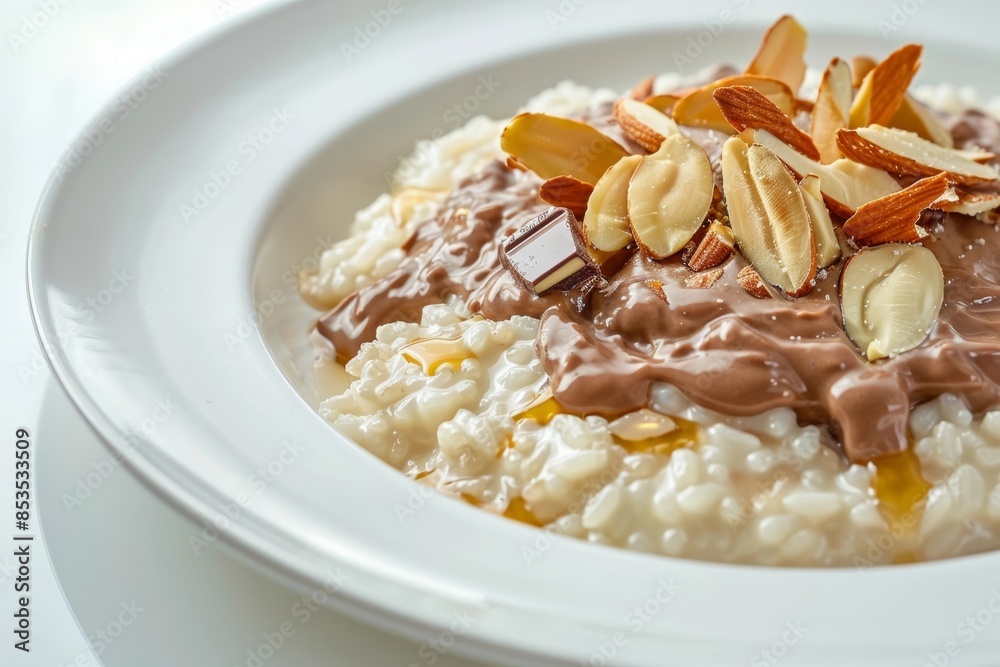 Creamy Rice Pudding Topped with Decadent Chocolate Ganache and Almond Nougat Creamy Rice Pudding Topped with Decadent Chocolate Ganache and Almond Nougat