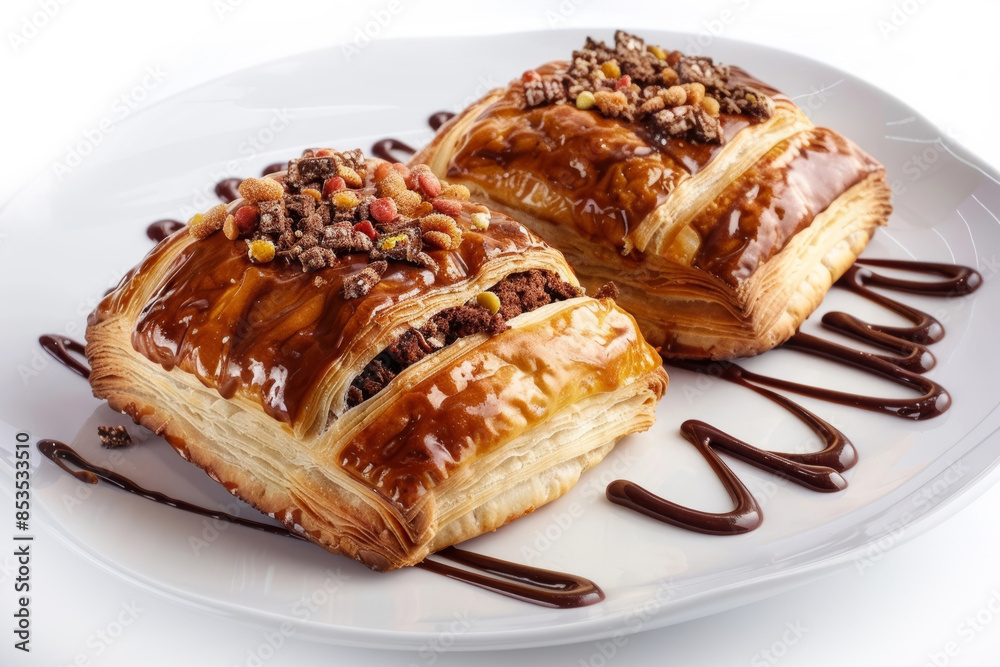 Extravagant Chocolate and Candy Bar Filled Pastry on White Plate Extravagant Chocolate and Candy Bar Filled Pastry on White Plate