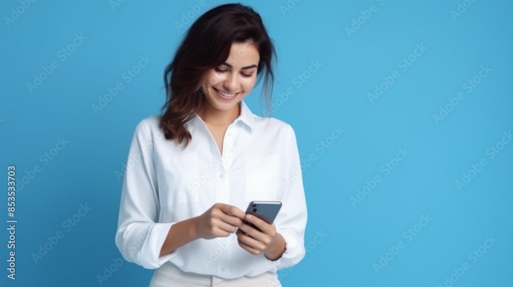 Young beautiful woman with smart casual cloth use smartphone isolated on blue background Young beautiful woman with smart casual cloth use smartphone isolated on blue background