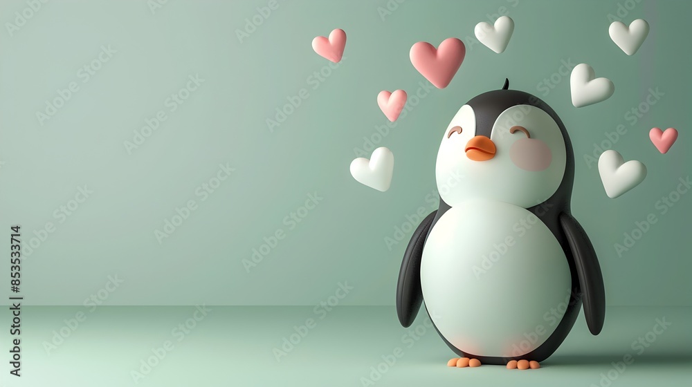 Obraz premium Adorable 3D Cartoon Penguin with Floating Hearts on Minimal Green Background