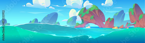 Underwater point of view on tropical lagoon landscape with blue sea or ocean water surface with wave, rock islands with green grass, sunny sky with clouds. Cartoon vector summertime exotic waterline.