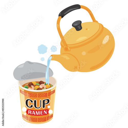 お湯を注がれるカップラーメン