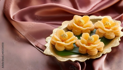 Khanom Kleeb Lumduan, thai dessert, flower-shaped Thai shortbread cookies photo