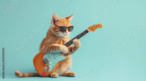 Guitarist cat isolated on light blue background, Animal photography photo