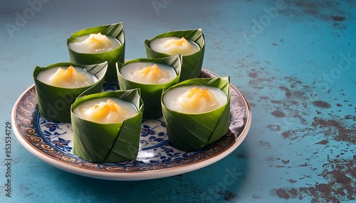 Tako, thai dessert, Thai coconut cream jelly in small pandan leaf cups photo