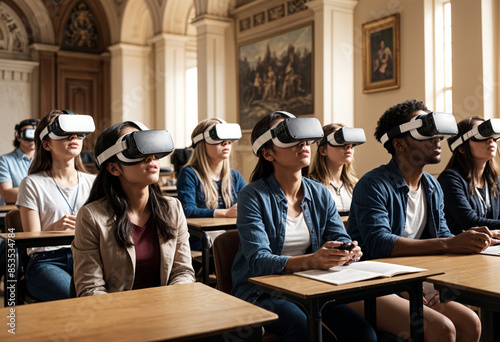 a group of student wearing virtual reality glasses sitting in the classroom