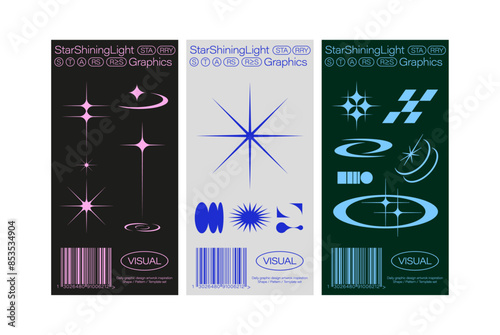 Ticket label receipt print y2k elements simple star futuristic shapes remix shining light sparkle bling barcode layout graphic design template set banner flyer web mobile contents digital logo minima