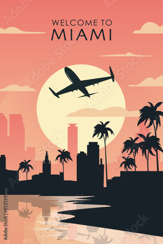 Welcome to Miami, Florida state of USA. Retro city poster with abstract shapes of skyline, buildings, plane flying over. Vintage American travel vector illustration