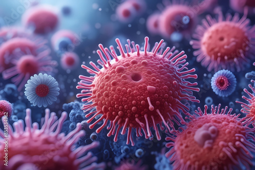 detailed microscopic view of cells, ideal for illustrating viruses and bacteria. This medical and healthcare illustration is perfect for pharmaceutical and medical device marketing