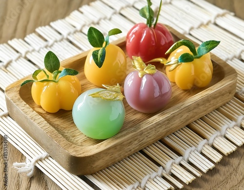 Luk Chup, miniature Thai fruit-shaped mung bean desserts photo