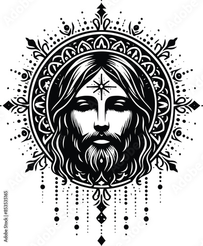 jesus in silhouete with bohemian nature pattern illustration