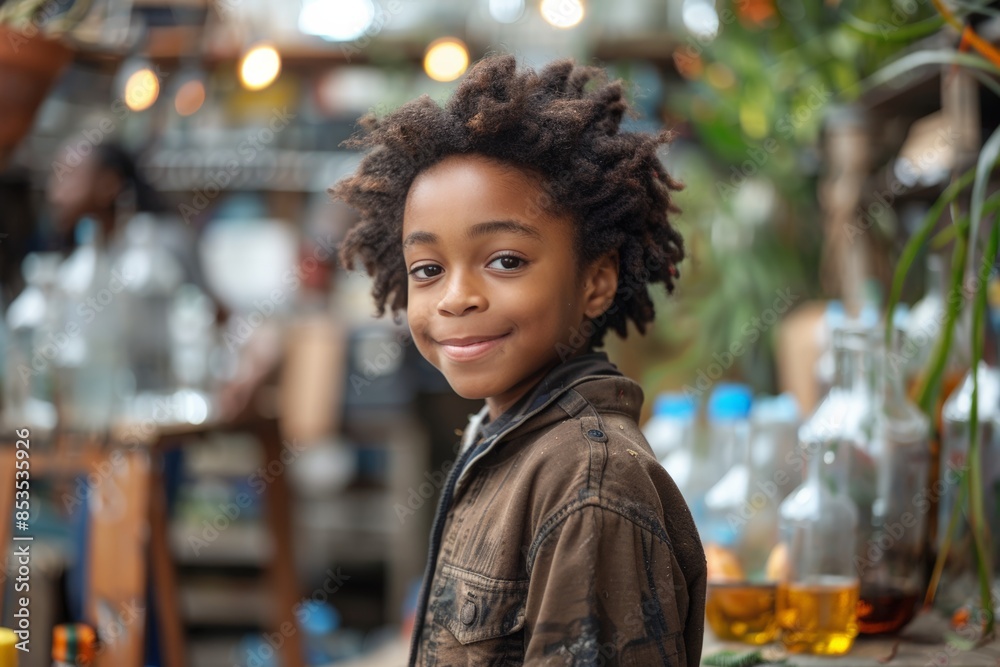 Smiling boy with afro hairstyle in a science workshop setting, surrounded by lab equipment. Children engaged in educational activities focusing on climate change, carbon credits, and sustainability. Smiling boy with afro hairstyle in a science workshop setting, surrounded by lab equipment. Children engaged in educational activities focusing on climate change, carbon credits, and sustainability.