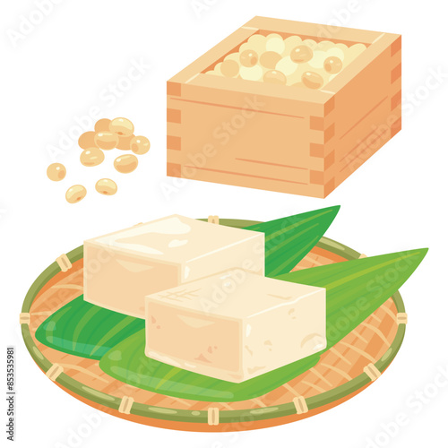 升に入った大豆と皿に盛られた豆腐