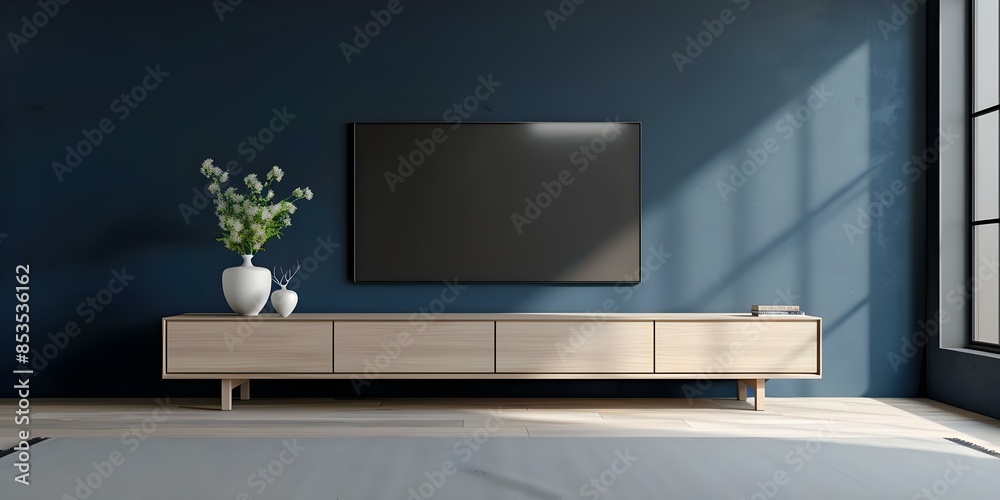 Modern living room with navy blue accent wall and TV stand. Concept ...
