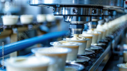 Automated machines filling cake molds with batter in a high-tech dairy production plant, highlighting the precision of the process, space for text photo