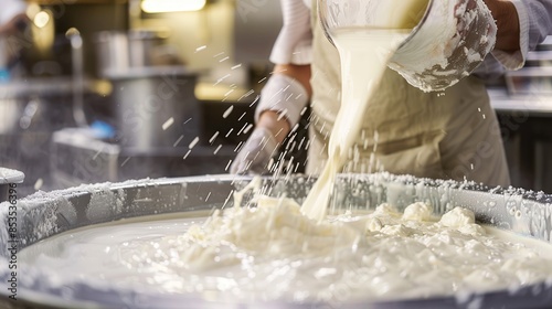 A baker pouring milk from a large container into a mixing vat in an industrial dairy production setting, space for text photo
