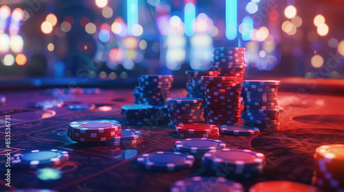 Casino Atmosphere with Poker Chips and Winning Hand Surrounded by Glowing Lights