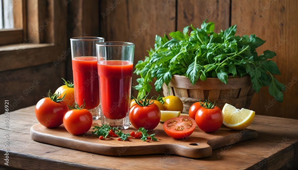 Fresh Tomato Juice with Celery and Lemon in Cozy Kitchen Fresh Tomato Juice with Celery and Lemon in Cozy Kitchen
