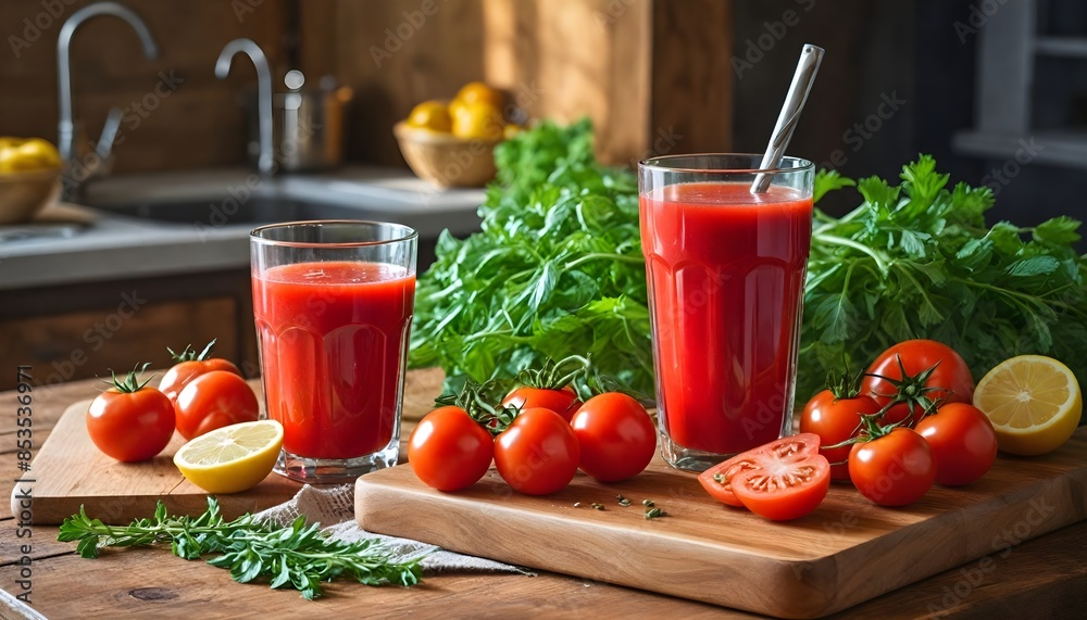 Fresh Tomato Juice with Celery and Lemon in Cozy Kitchen Fresh Tomato Juice with Celery and Lemon in Cozy Kitchen