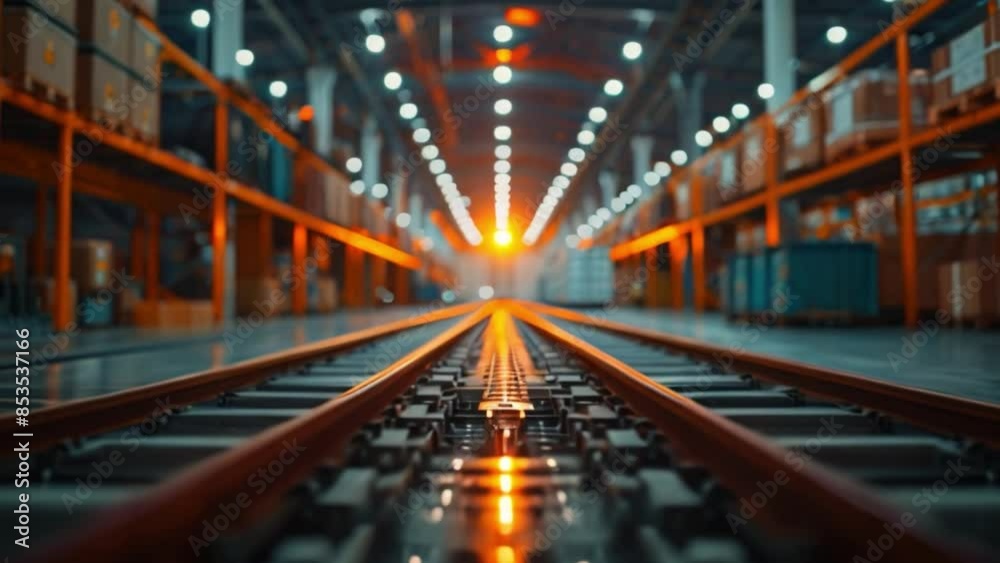 A cardboard box moves along a conveyor belt at a logistics warehouse structure. Algorithms and automated systems are available for sorting and storing goods throughout the supply chain.