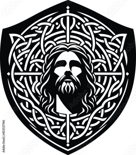 jesus in silhouete with celtic knot pattern illustration